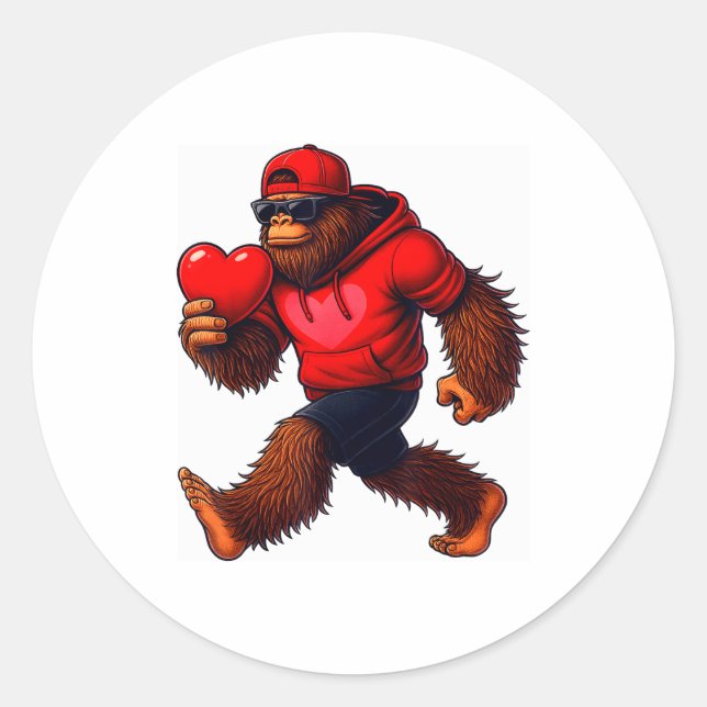 Sticker Rond Funny Valentines Day Bigfoot Heart Sungles Sasquat (Devant)