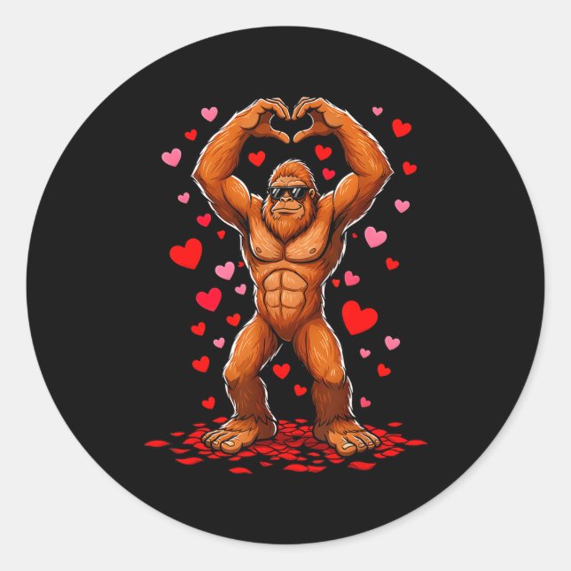 Sticker Rond Funny Valentines Day Bigfoot Heart Sungles Sasquat (Devant)