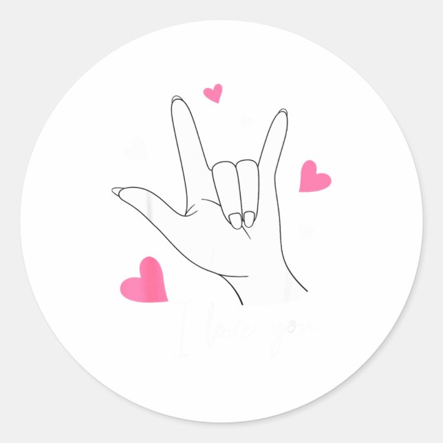 Sticker Rond Funny Valentines Day Heart I Love You Hand Sign La (Devant)