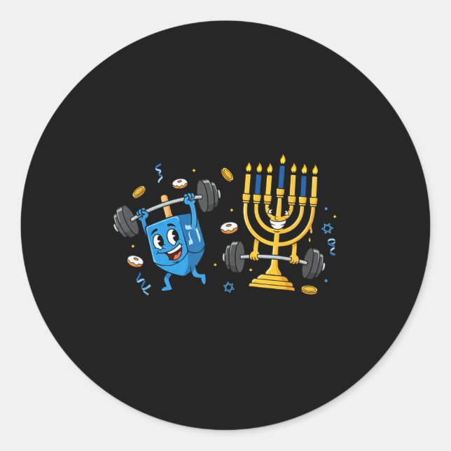 Sticker Rond Funny Weightlifting Gym Dreidel Menorah Hanukkah W (Devant)