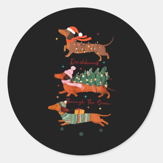 Sticker Rond Funny Weiner Dog Dachshund Through The Snow Merry  (Devant)