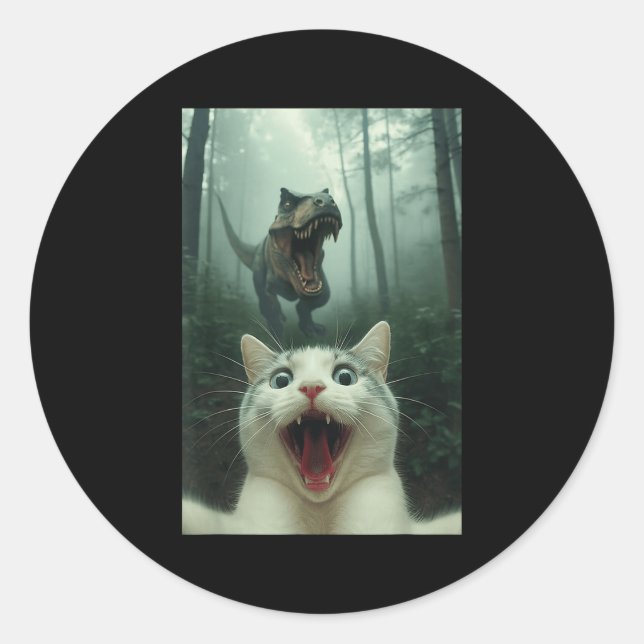 Sticker Rond Funny White Cat Selfie With T-rex Dinosaur, Cat Ki (Devant)