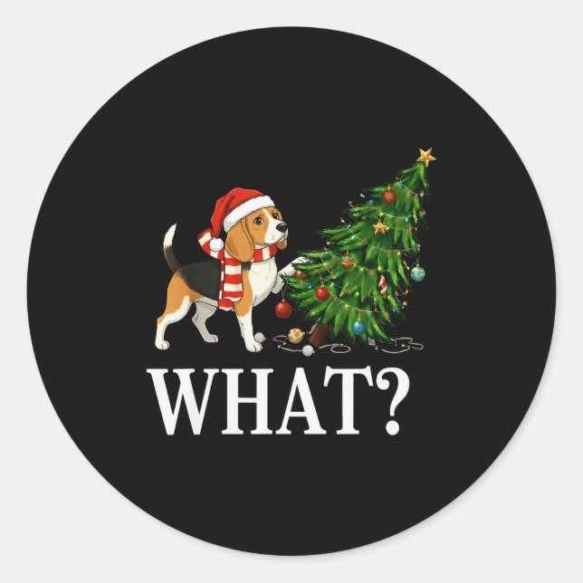 Sticker Rond Funny Xmas Beagle Pushing Christmas Tree Over Dog  (Devant)