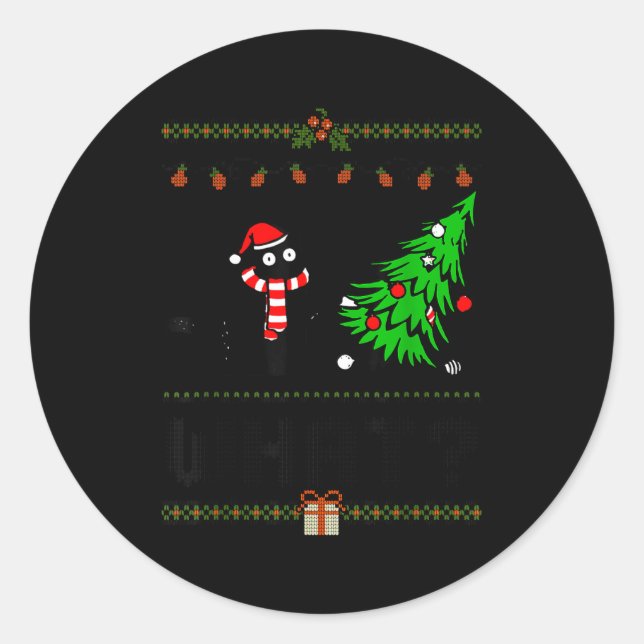 Sticker Rond Funny Xmas Black Cat Pushing Christmas Tree Over C (Devant)