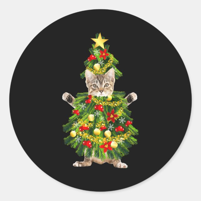 Sticker Rond Funny Xmas Holiday Cat Christmas Tree For Cat Kitt (Devant)