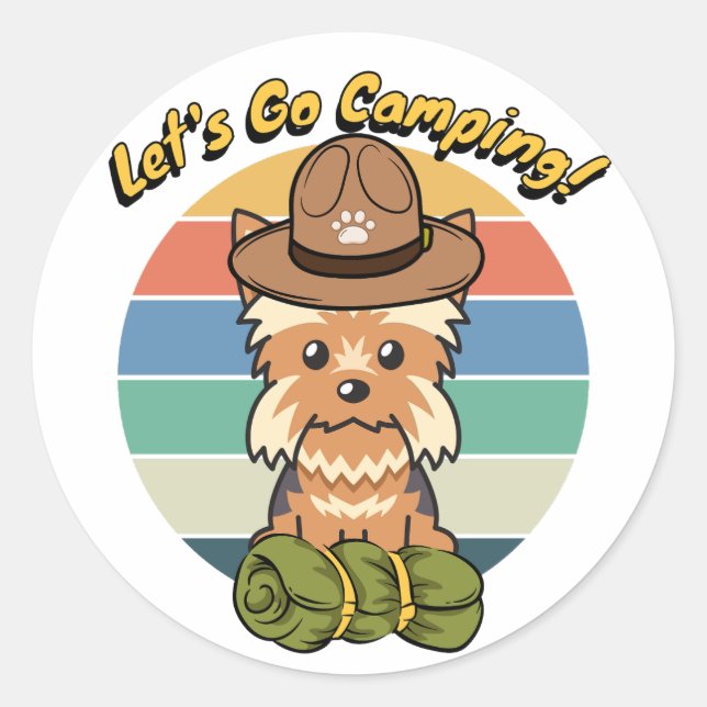 Sticker Rond Funny yorkshire terrier chien veut aller camper (Devant)