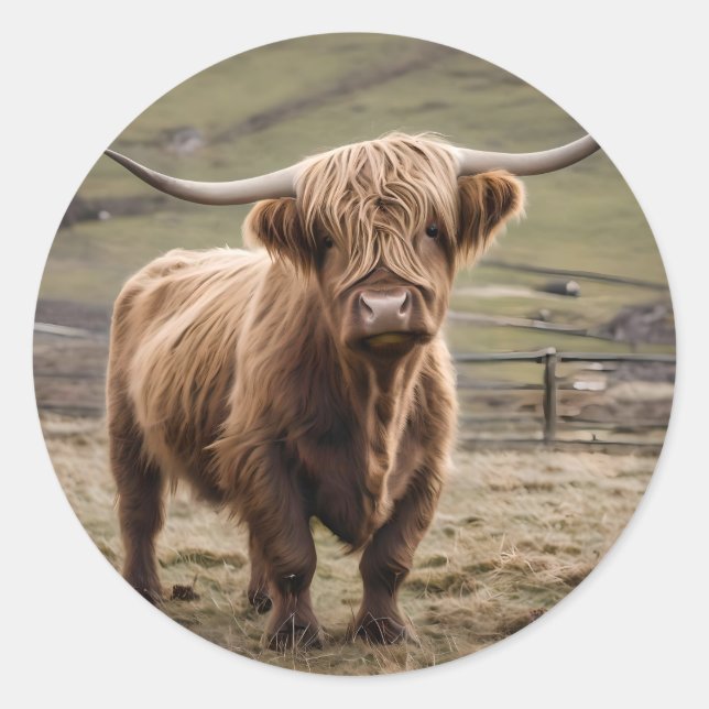 Sticker Rond **"Furry Majesty : The Woolly Brown Highland Cow"* (Devant)