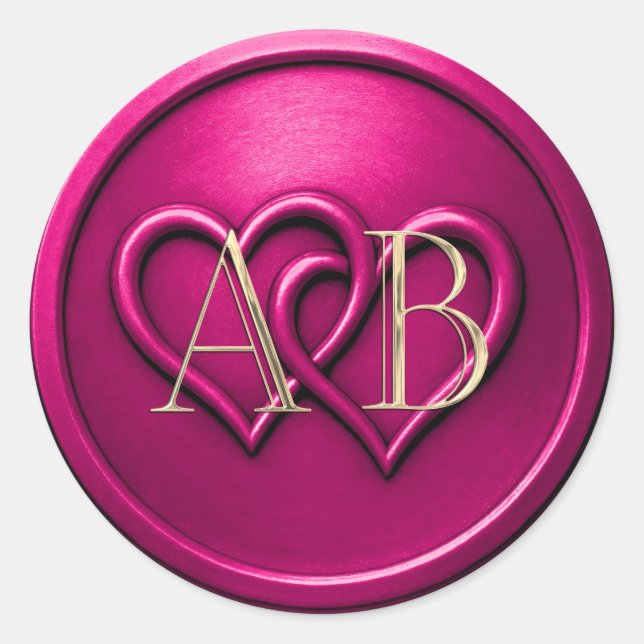 Sticker Rond Fuschia Two Hearts Intertwined Monogram Wedding (Devant)