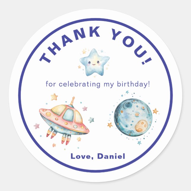 Sticker Rond Fusée Merci Espace Extérieur Anniversaire (Devant)