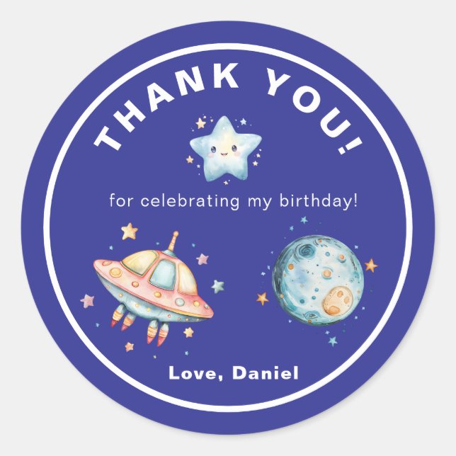 Sticker Rond Fusée Merci Espace Extérieur Anniversaire (Devant)