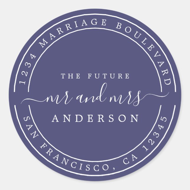 Sticker Rond Futur M. Mme Adresse de Retour de Mariage Chic Nav (Devant)