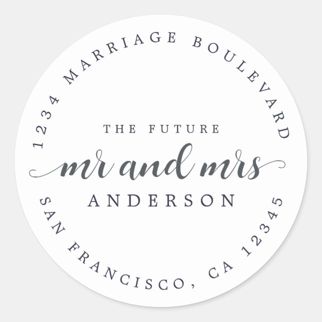 Sticker Rond Futur M. Mme Script Dark Blue Adresse de retour (Devant)