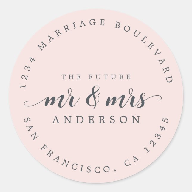 Sticker Rond Futur M. Mme Script Pastel Pink Adresse de retour (Devant)