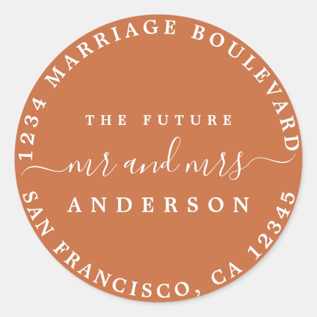 Sticker Rond Futur M. Mme Script Retourner Adresse Burnt Orange (Devant)
