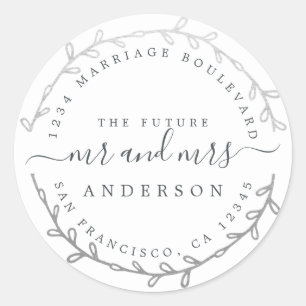 Sticker Rond Futur M. Mme Silver Wreath Mariage Adresse de reto