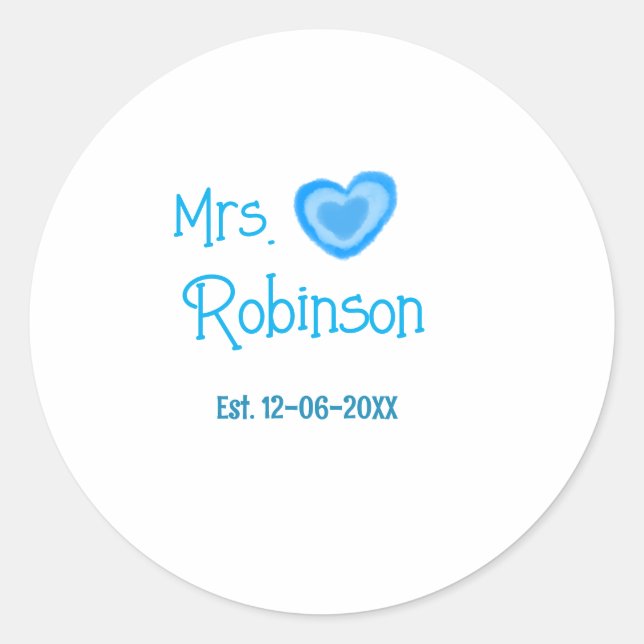 Sticker Rond Future mariée Mme ajouter nom date cœur bleu aquar (Devant)