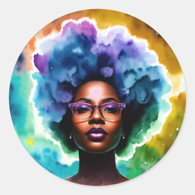 Sticker Rond Galaxy Afro femme noire en lunettes (Devant)