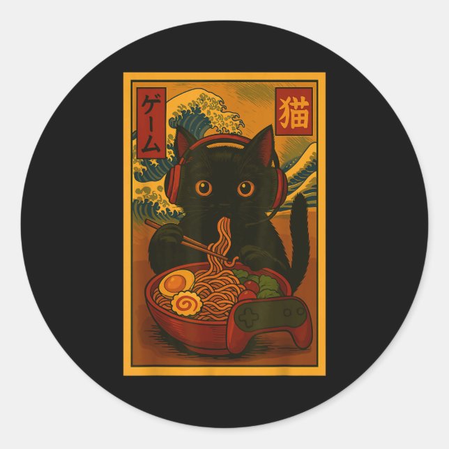 Sticker Rond Gamer Cat Eating Ramen Japanese Style  (Devant)