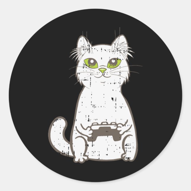 Sticker Rond Gamer Cat Video Game Controller Cute Gaming Geek G (Devant)