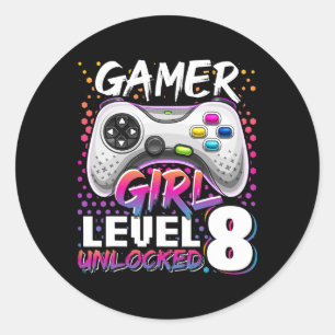Sticker Rond Gamer Girl Level 8 Video Game 8th Birthda