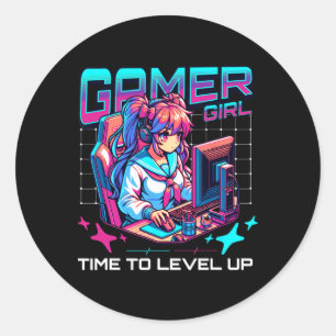 Sticker Rond Gamer Girl Temps Pour Augmenter Le Jeu Vidéo Jeu F