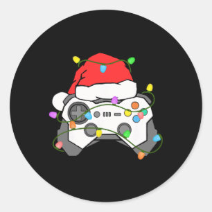 Sticker Rond Gamer Noël Gaming Chapeau de Père Noël Contrôleur