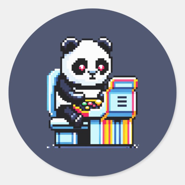 Sticker Rond Gamer Panda - Joli Pixel Art Arcade Design (Devant)