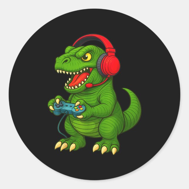 Sticker Rond Gamer T Rex Dinosaur Video Games Boys Teen Funny G (Devant)