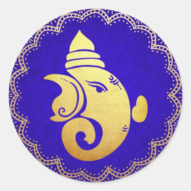 Sticker Rond Ganapati doré élégant Dieu hindou indien bleu (Devant)