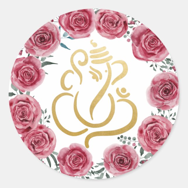 Sticker Rond Ganesh de fête doré| Dieu indien Couronne de roses (Devant)