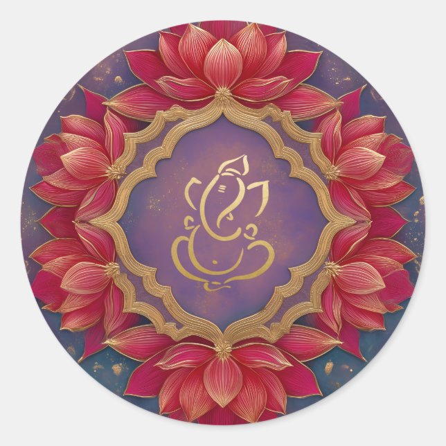 Sticker Rond Ganesh festif doré | Dieu indien lotus rose violet (Devant)