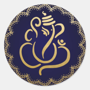 Sticker Rond Ganesh festif or Dieu indien bleu