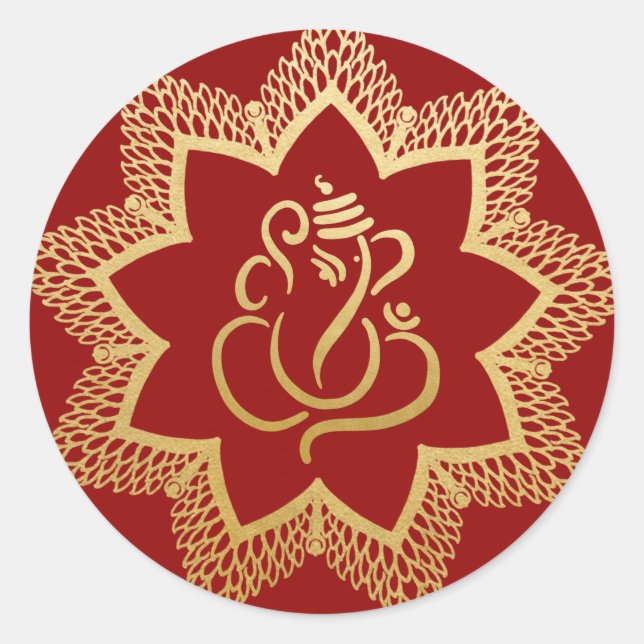 Sticker Rond Ganesh festif or | Dieu indien Classique Rouge Ron (Devant)