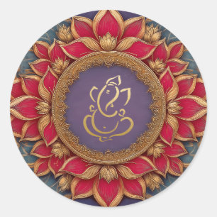 Sticker Rond Ganesh festif or Dieu indien Lotus rose violet