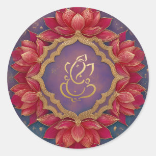 Sticker Rond Ganesh festif or Dieu indien lotus rose violet