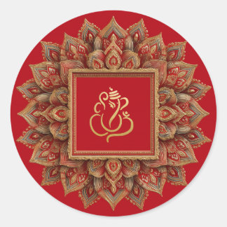 Sticker Rond Ganesh festif or | Dieu indien rouge
