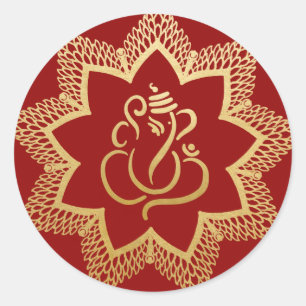 Sticker Rond Ganesh festif or   Dieu indien rouge classique ron