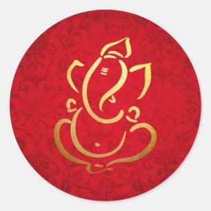 Sticker Rond Ganesh   Ganpatio   Inde Dieu Damask Rouge