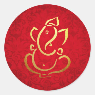 Sticker Rond Ganesh | Ganpatio | Inde Dieu Damask Rouge