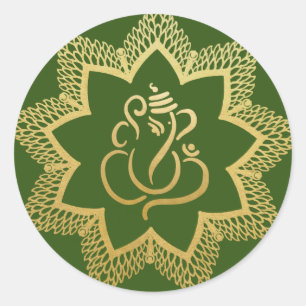 Sticker Rond Ganesha de fête doré Dieu indien vert