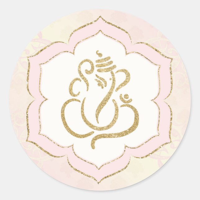 Sticker Rond Ganesha/ Dieu Indien Classique Rond en Rose Doré É (Devant)