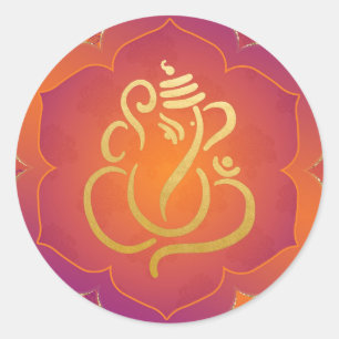 Sticker Rond Ganesha/ Dieu Indien Élégant Orange Doré Classique