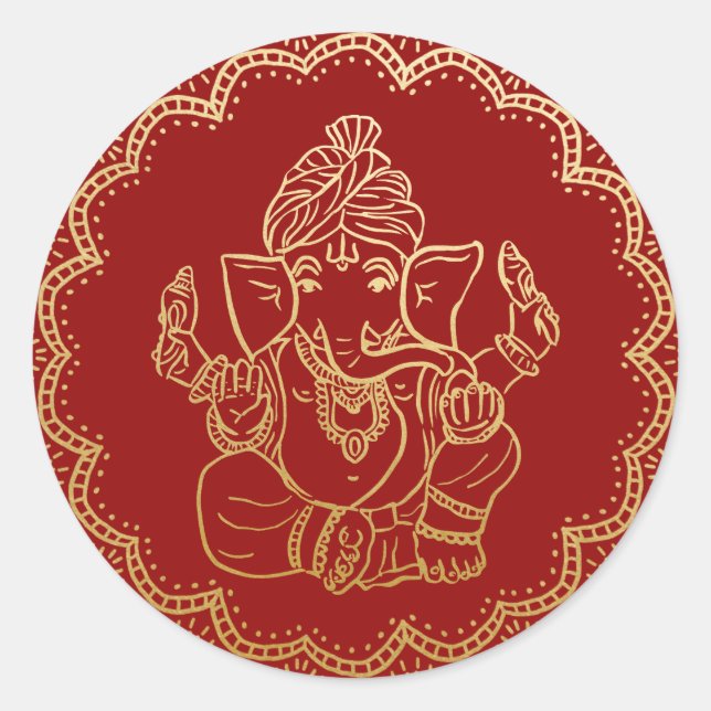 Sticker Rond Ganesha d'or | Dieu indien Mariage rouge (Devant)