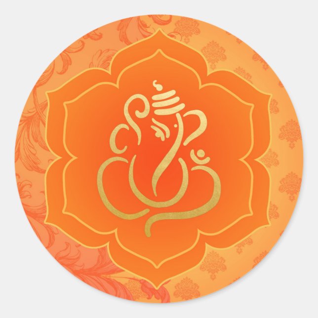 Sticker Rond Ganesha élégant orange doré/ Dieu indien  (Devant)