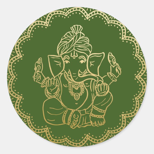 Sticker Rond Ganesha en or | Mariage vert Dieu indien (Devant)