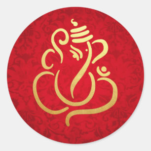 Sticker Rond Ganesha festif or   Dieu indien damassé rouge