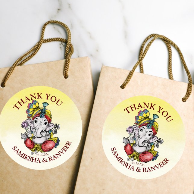 Sticker Rond Ganesha mariage indien faveur merci (Ganesha favor gift thank you stickers yellow background maroon font)