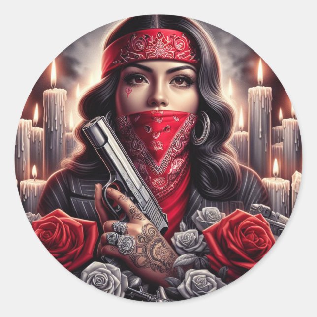 Sticker Rond Gangster Girl Hip hop chicano art graphique (Devant)