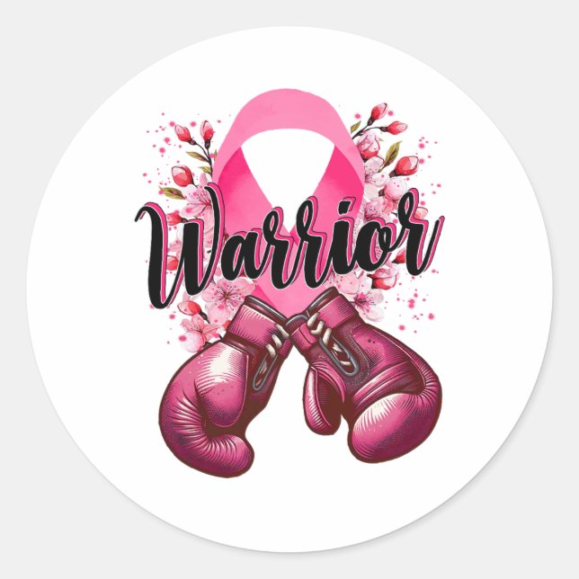 Sticker Rond Gants de boxe de guerrier Pink Ribbon Cancer du se (Devant)