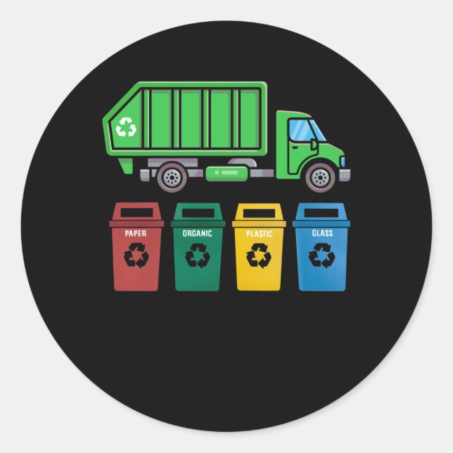 Sticker Rond Garbage Truck Enfants Garçons Recyclage Camion (Devant)